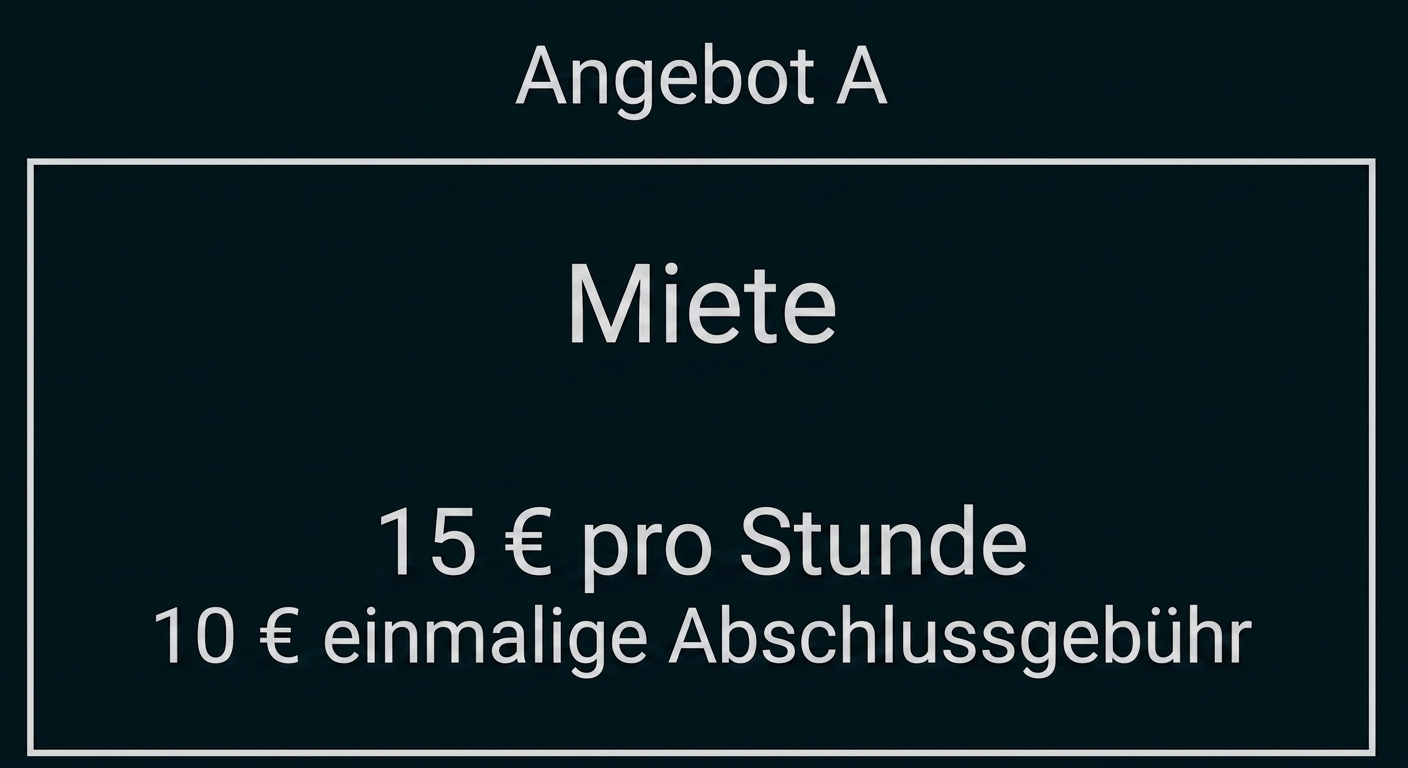 Angebot A: Miete für 15 € pro Stunde, einmalige Abschlussgebühr 10 €